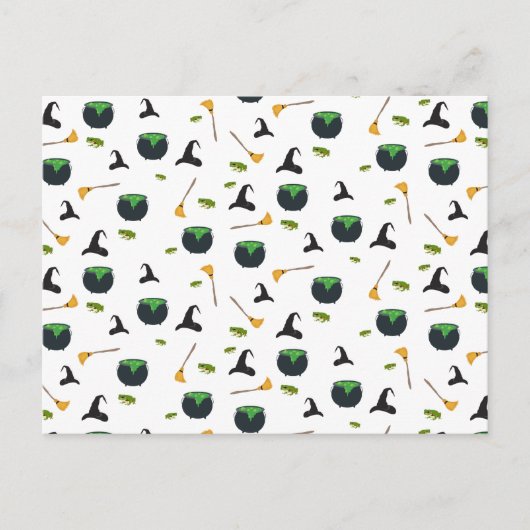 Hexenhut Broom Caldron Halloween Muster Feiertagspostkarte (Vorderseite)