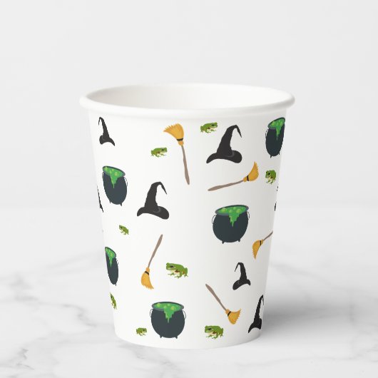 Hexenhut Broom Caldron Halloween Muster Pappbecher (Vorderseite)