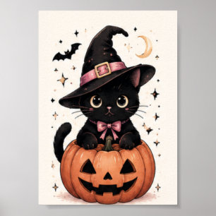 Hexenhut-Kürbisfeld-Schwarze Katze Poster