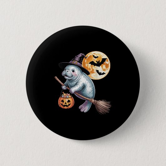 Hexenhut Manatee Riding Broomstick Halloween Pump Button (Vorderseite)