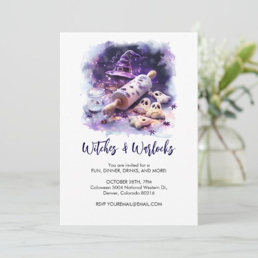 Hexenhut mit Button, Halloween Einladung (Stehend Vorderseite)