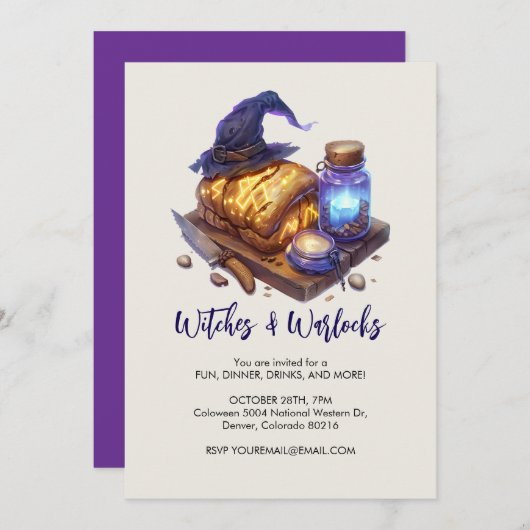 Hexenhut mit glühendem Brotlaib, Halloween Einladung (Vorne/Hinten)