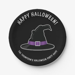 Hexenhut mit lila Details Frohes Halloween Pappteller