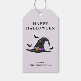 Hexenhut und Fledermäuse auf Lilac Happy Halloween Geschenkanhänger