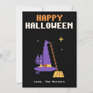 Hexenhut und Katzen-Pixel-Art-Halloween-Karte Feiertagskarte