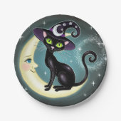 Hexenkatze auf Crescent Moon Halloween Wicca Pappteller (Vorderseite)
