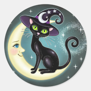 Hexenkatze auf Crescent Moon Halloween Wicca Runder Aufkleber
