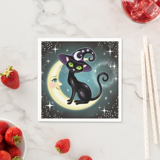 Hexenkatze auf Crescent Moon Halloween Wicca Serviette (Beispiel)