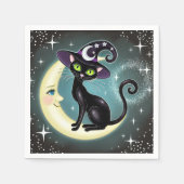 Hexenkatze auf Crescent Moon Halloween Wicca Serviette (Vorderseite)