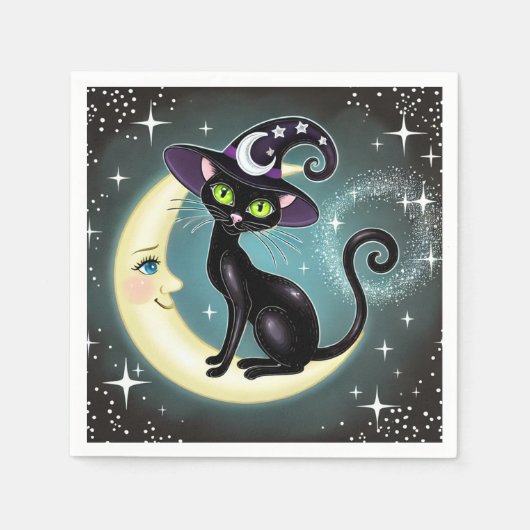 Hexenkatze auf Crescent Moon Halloween Wicca Serviette (Vorderseite)
