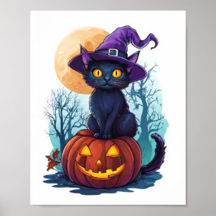 Hexenkatze auf einem Kürbis Poster
