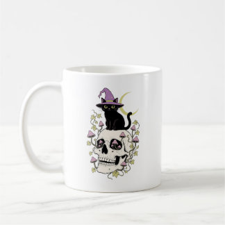 Hexenkatze auf Totenkopf Halloween Kaffeetasse