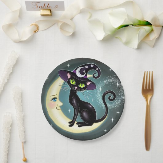 Hexenkatze auf zunehmendem Mond Halloween Wiccan W Pappteller (Hochzeit)