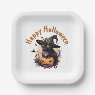 Hexenkatze für glückliches Halloween Pappteller