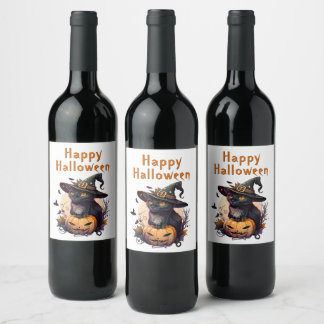 Hexenkatze für glückliches Halloween Weinetikett