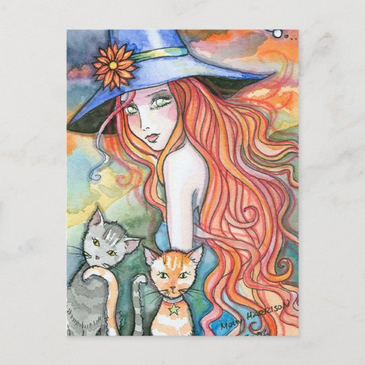 Hexenkatze Halloween Art Postcard von Molly Harris Postkarte (Vorderseite)