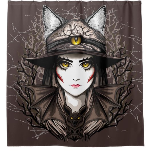Hexenkatze Halloween Niedliches Portrait Duschvorhang (Vorderseite)