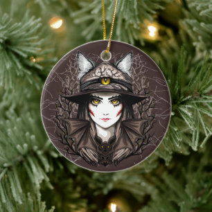 Hexenkatze Halloween Niedliches Portrait Keramik Ornament