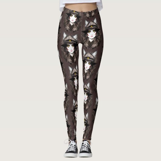 Hexenkatze Halloween Niedliches Portrait Leggings (Vorderseite)