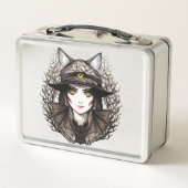 Hexenkatze Halloween Niedliches Portrait Metall Brotdose (Rückseite)