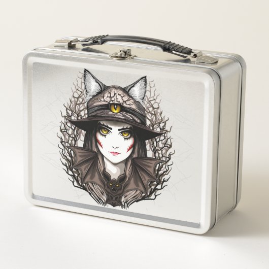 Hexenkatze Halloween Niedliches Portrait Metall Brotdose (Vorderseite)