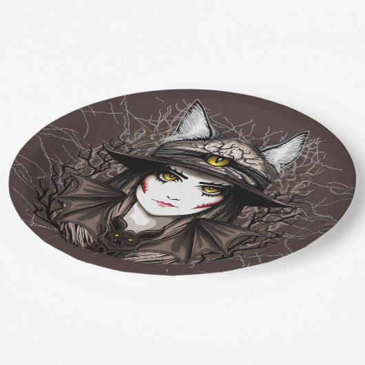 Hexenkatze Halloween Niedliches Portrait Pappteller (Schrägansicht)