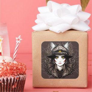 Hexenkatze Halloween Niedliches Portrait Quadratischer Aufkleber