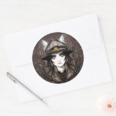 Hexenkatze Halloween Niedliches Portrait Runder Aufkleber (Umschlag)