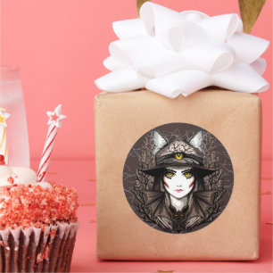 Hexenkatze Halloween Niedliches Portrait Runder Aufkleber