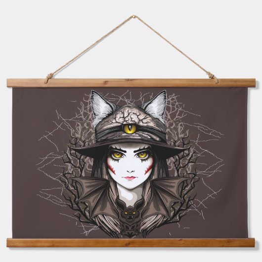 Hexenkatze Halloween Niedliches Portrait Wandteppich Mit Holzrahmen (Vorne)