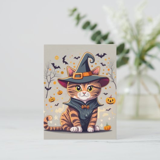 Hexenkatze Halloween Postkarte (Stehend Vorderseite)