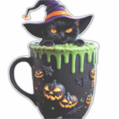 Hexenkatze Halloween Tasse - Niedlicher Schwarzer Aufkleber (Vorderseite)
