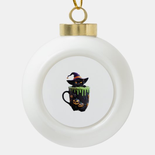Hexenkatze Halloween Tasse - Niedlicher Schwarzer Keramik Kugel-Ornament (Vorderseite)