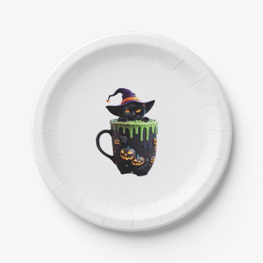 Hexenkatze Halloween Tasse - Niedlicher Schwarzer Pappteller (Vorderseite)
