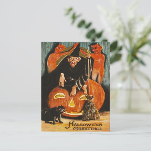 Hexenkatze Kürbislaterne Teufelsmorsch Postkarte (Stehend Vorderseite)