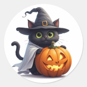 Hexenkatze mit Jack O Lantern Halloween Thema 🎃 Runder Aufkleber