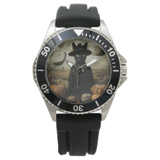 Hexenkatze mit Kürbissen Armbanduhr