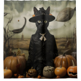 Hexenkatze mit Kürbissen  Duschvorhang
