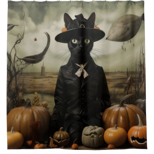 Hexenkatze mit Kürbissen Duschvorhang (Vorderseite)