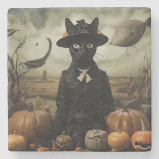 Hexenkatze mit Kürbissen Steinuntersetzer (Vorderseite)