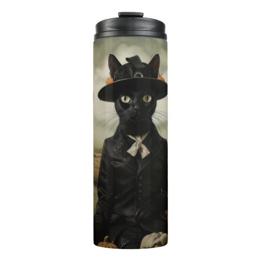 Hexenkatze mit Kürbissen Thermosbecher (Vorderseite)