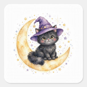 Hexenkatze mit schwarzen Schnurrhaaren Halloween-A Quadratischer Aufkleber