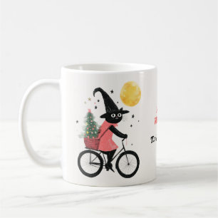 Hexenkatze Radfahren mit Weihnachtsbaum Quirky Wei Kaffeetasse