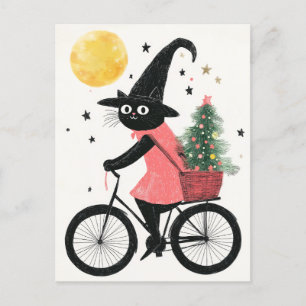 Hexenkatze Radfahren mit Weihnachtsbaum Quirky Wei Postkarte