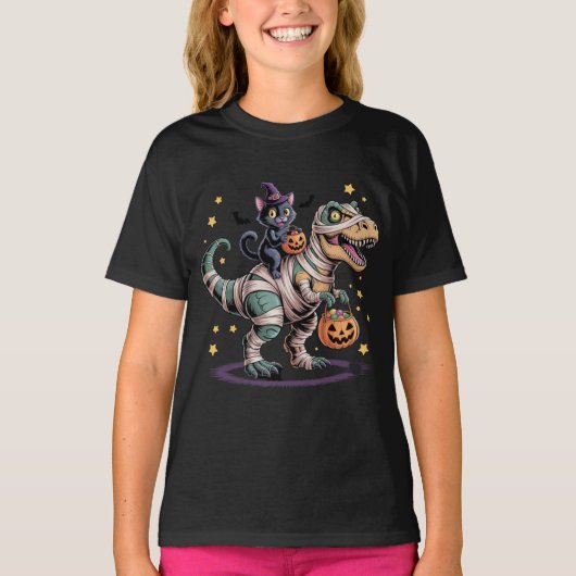 Hexenkatze Riding Mummy T-Rex - Niedliches Hallowe T-Shirt (Vorderseite)