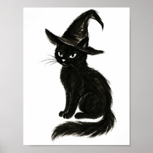Hexenkatze – Schwarze Tinte Halloween-Illustration Poster