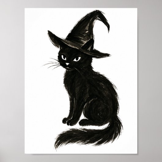 Hexenkatze – Schwarze Tinte Halloween-Illustration Poster (Vorne)