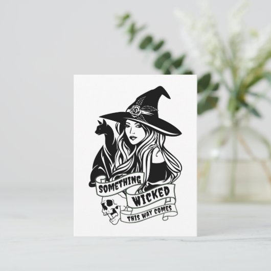Hexenkatze und Schädel geheftet Postkarte (Stehend Vorderseite)