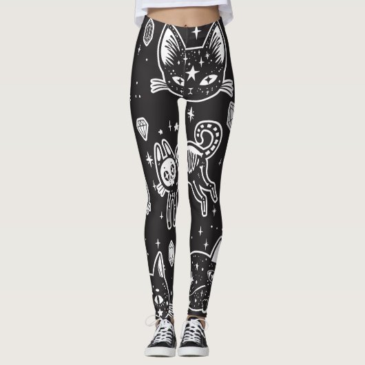 Hexenkatze: Vintage Abgeschiedene Illustration Leggings (Vorderseite)