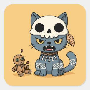 Hexenkatze-Voodoo-Puppe auf Gelb Quadratischer Aufkleber